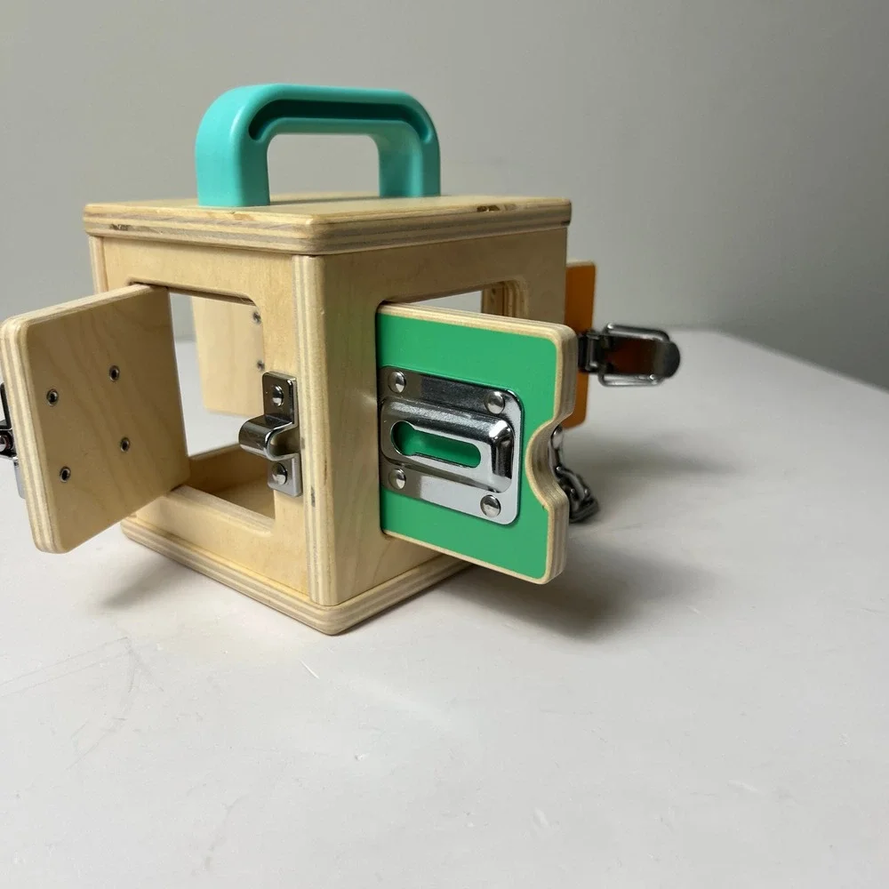 Lovevery Lockbox Toy Toddler OS Tan Montessori Wooden Latches Activity Cube Box